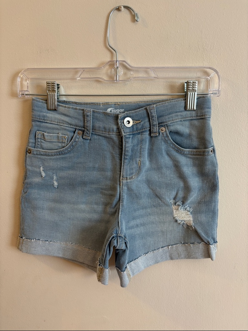 Girls Light Blue Distressed Denim Shorts